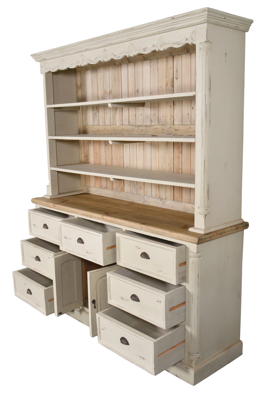 Farmhouse Buffet and Hutch greyed White Distressed with Natural Accents