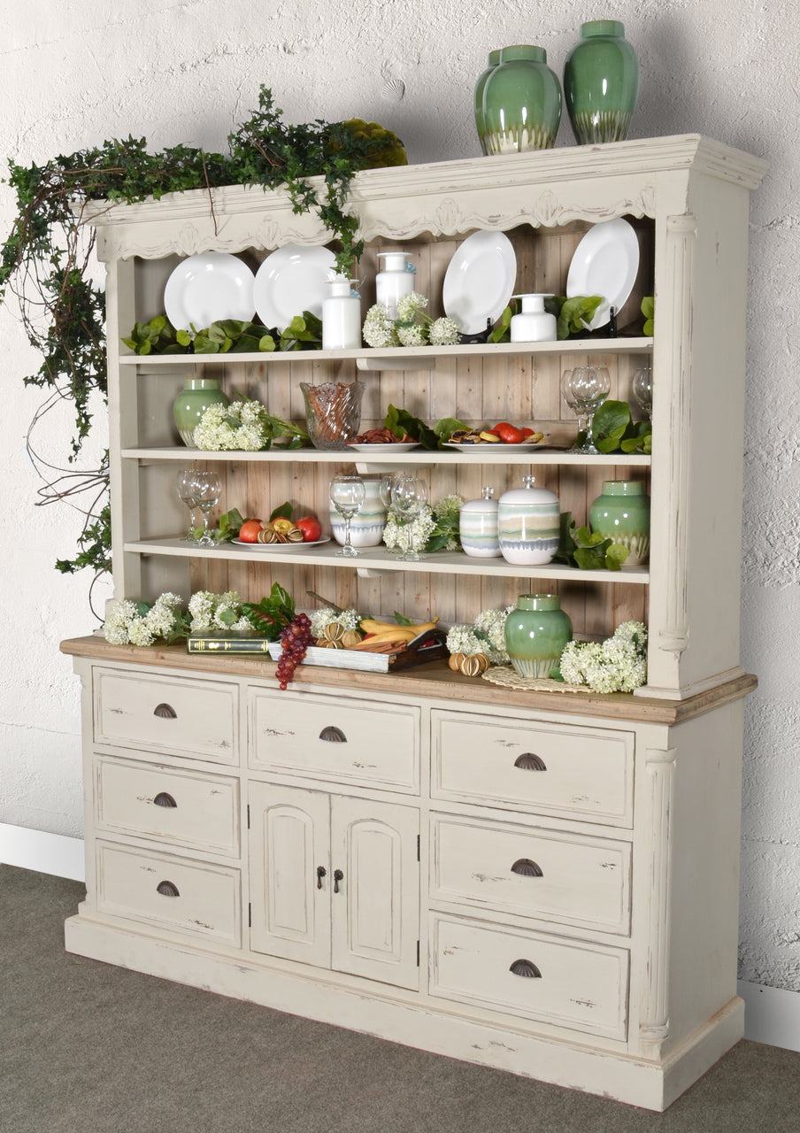 Farmhouse Buffet and Hutch greyed White Distressed with Natural Accents