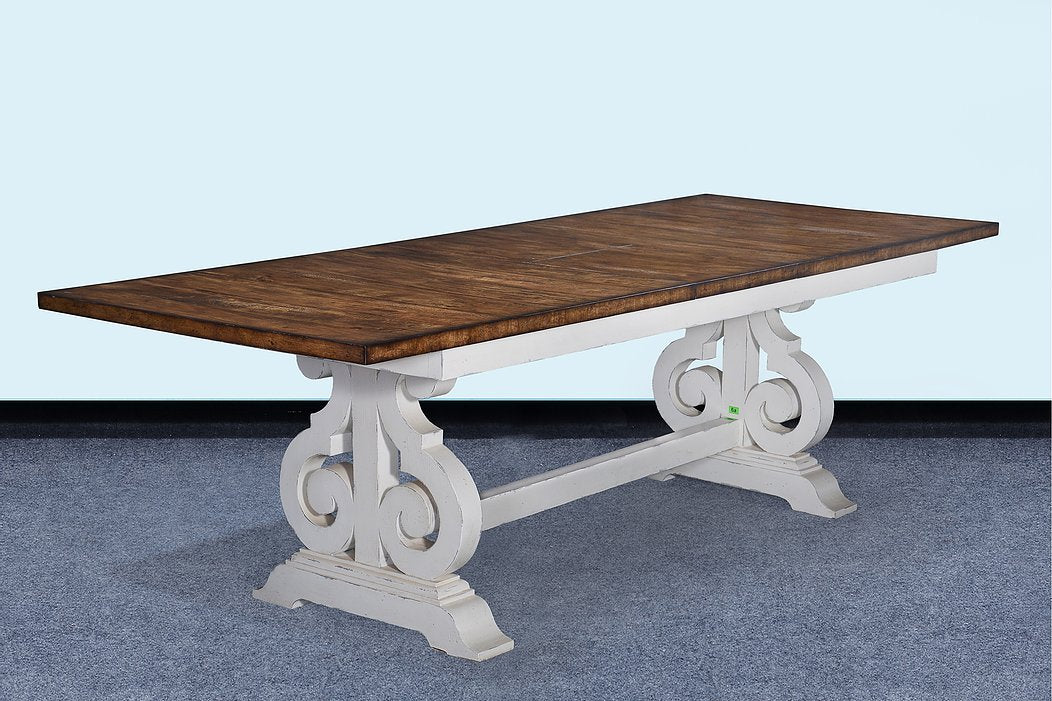 French Scroll Base 84" Dining Table Butterfly Leaf Antique White - Furniture on Main