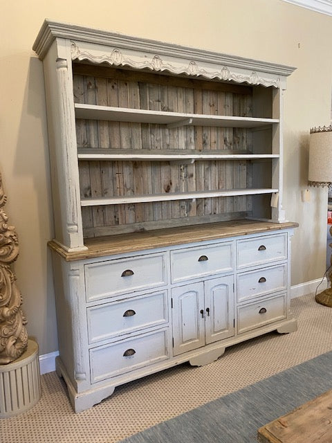 Farmhouse Buffet and Hutch greyed White Distressed with Natural Accents