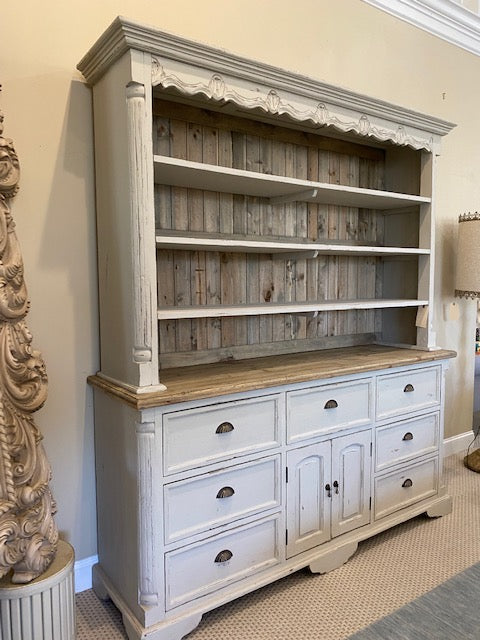 Farmhouse Buffet and Hutch greyed White Distressed with Natural Accents
