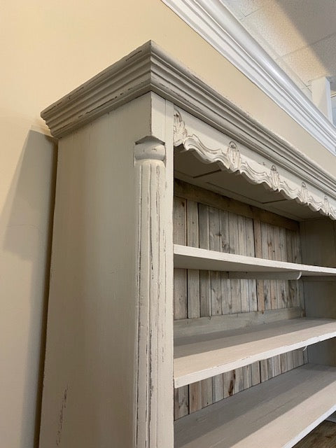 Farmhouse Buffet and Hutch greyed White Distressed with Natural Accents