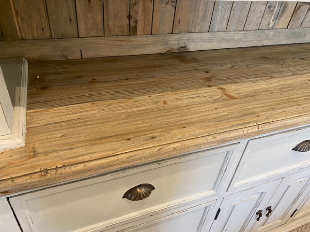 Farmhouse Buffet and Hutch greyed White Distressed with Natural Accents