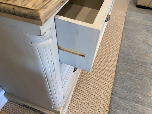 Farmhouse Buffet and Hutch greyed White Distressed with Natural Accents