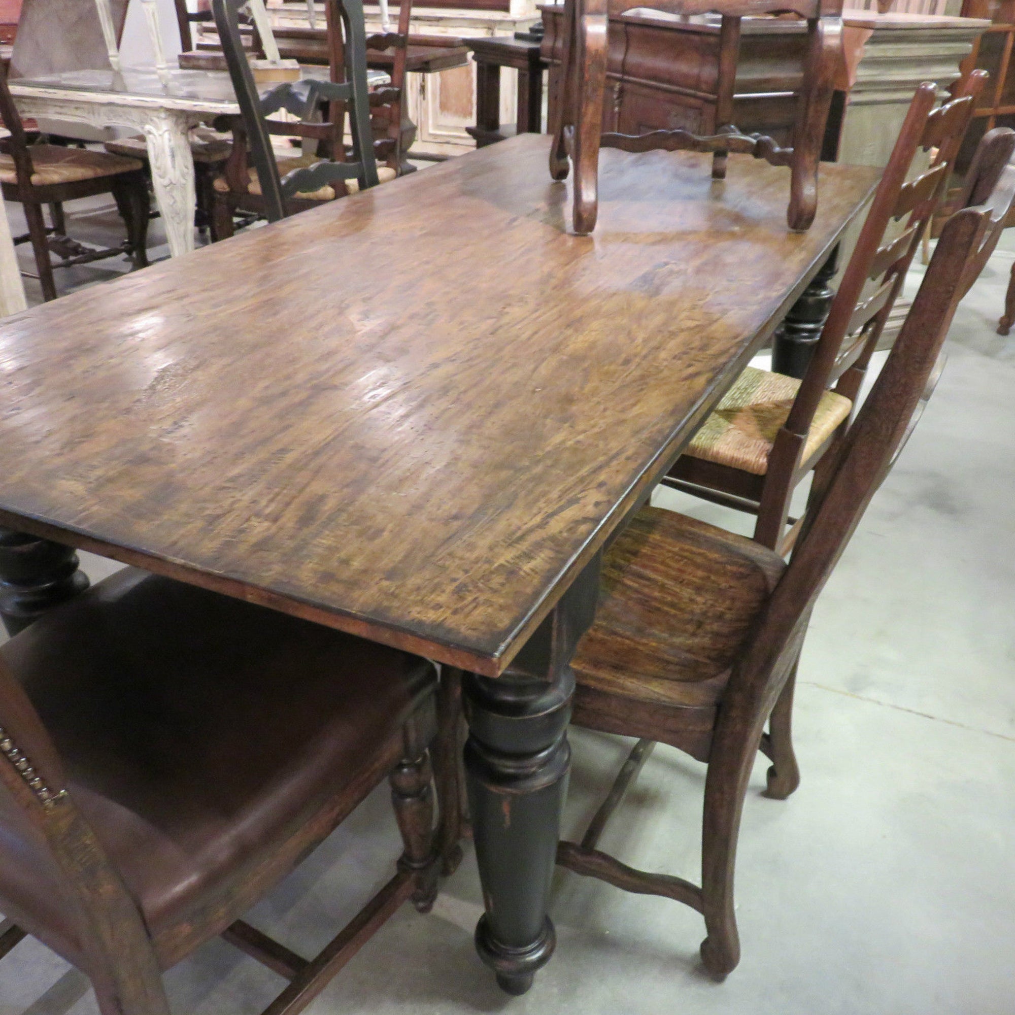 Rustic Farmhouse Dining Table 84" Black Distressed Reclaimed Wood Top - Furniture on Main