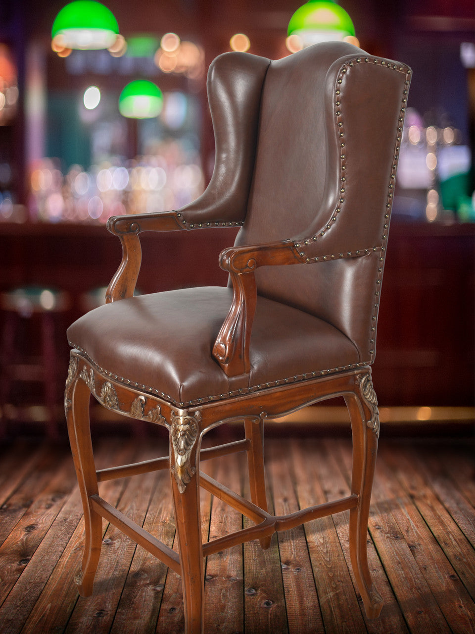Leather Wing Back Swivel Barstool with Arms Bar Height