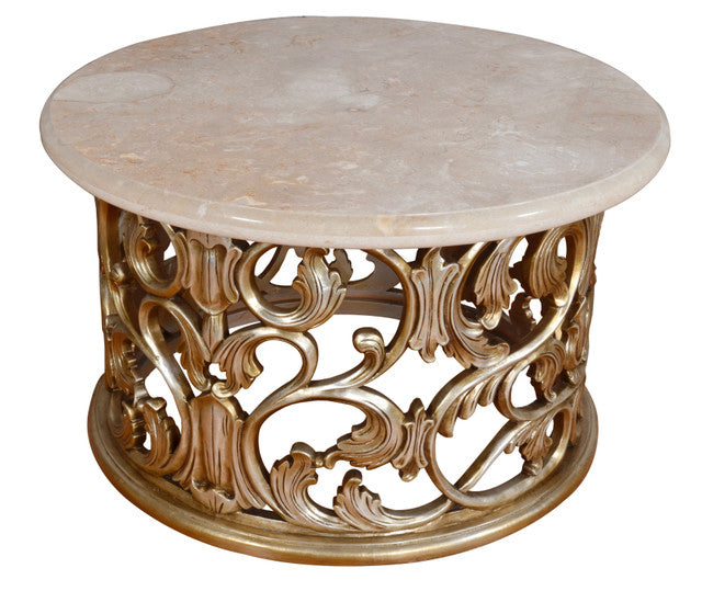 Platine Hand Carved Coffee Table w Creama Marfil Marble