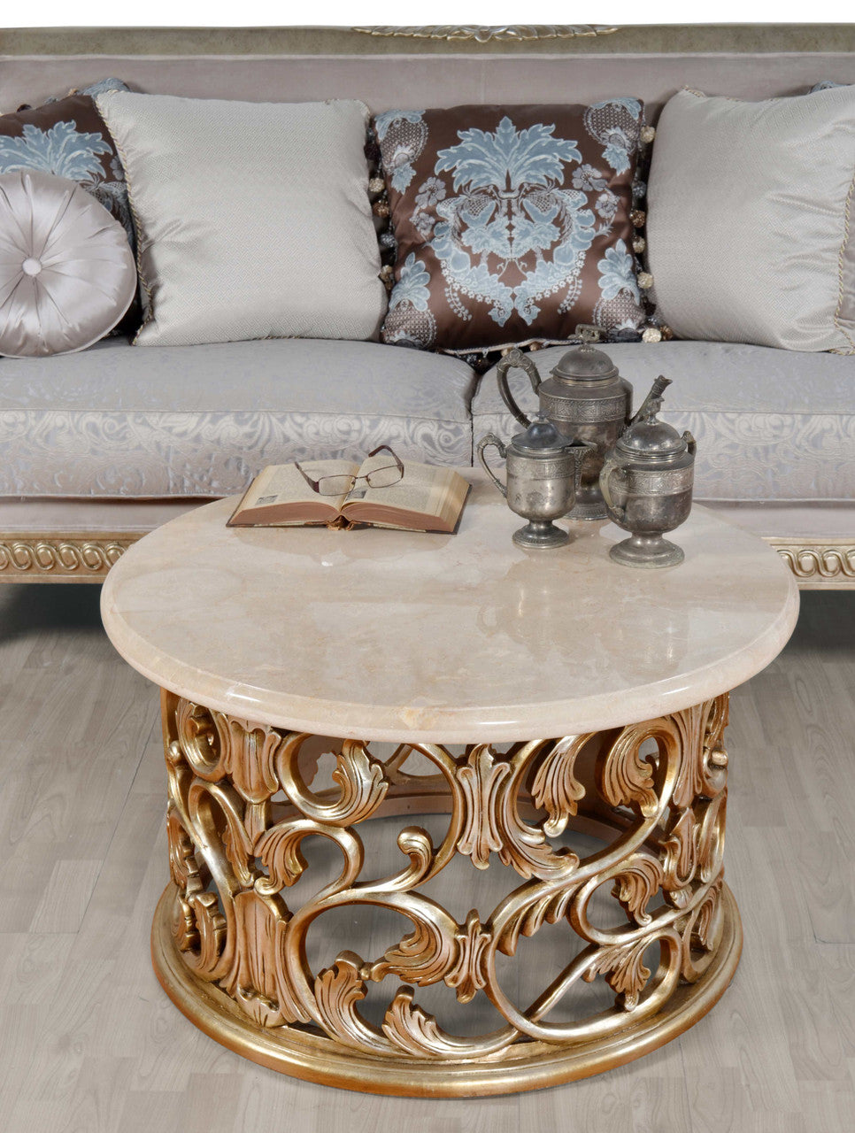 Platine Hand Carved Coffee Table w Creama Marfil Marble