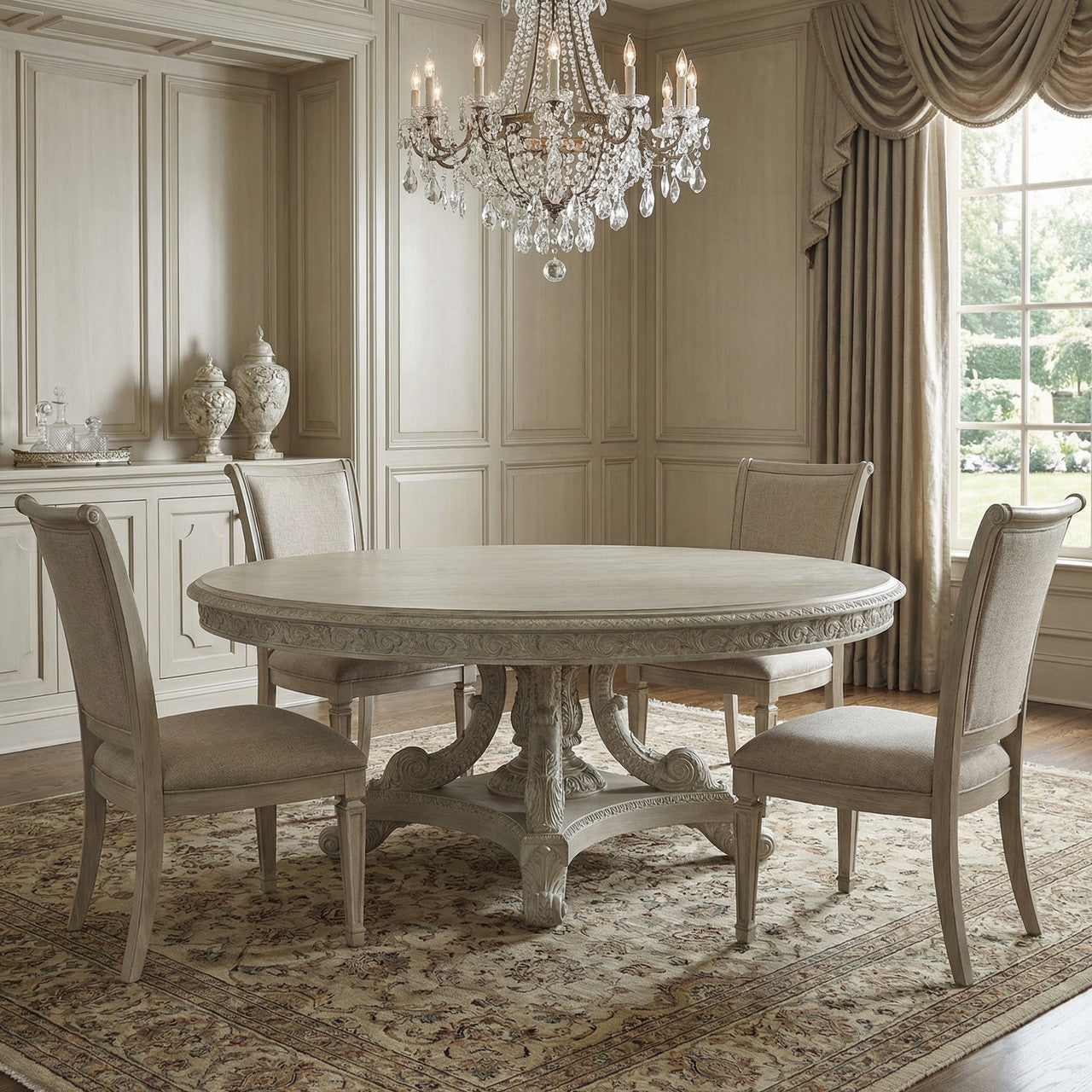 Angelia Beechstone Hand Carved Pedestal 72" Dining Table