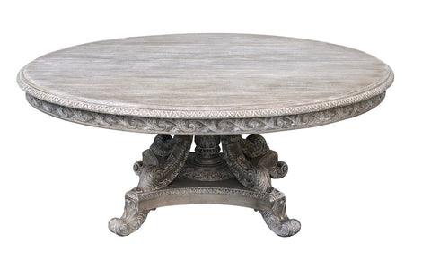 Angelia Misty Grey Hand Carved Pedestal 72" Dining Table - Furniture on Main