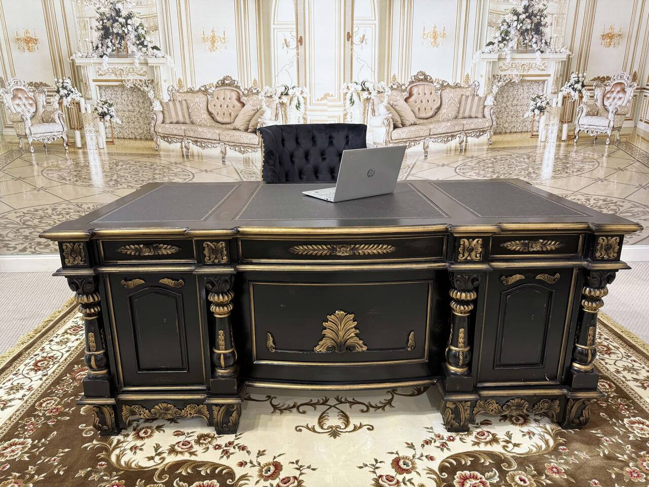 Black with Gold Accents Mahogany Executive Desk