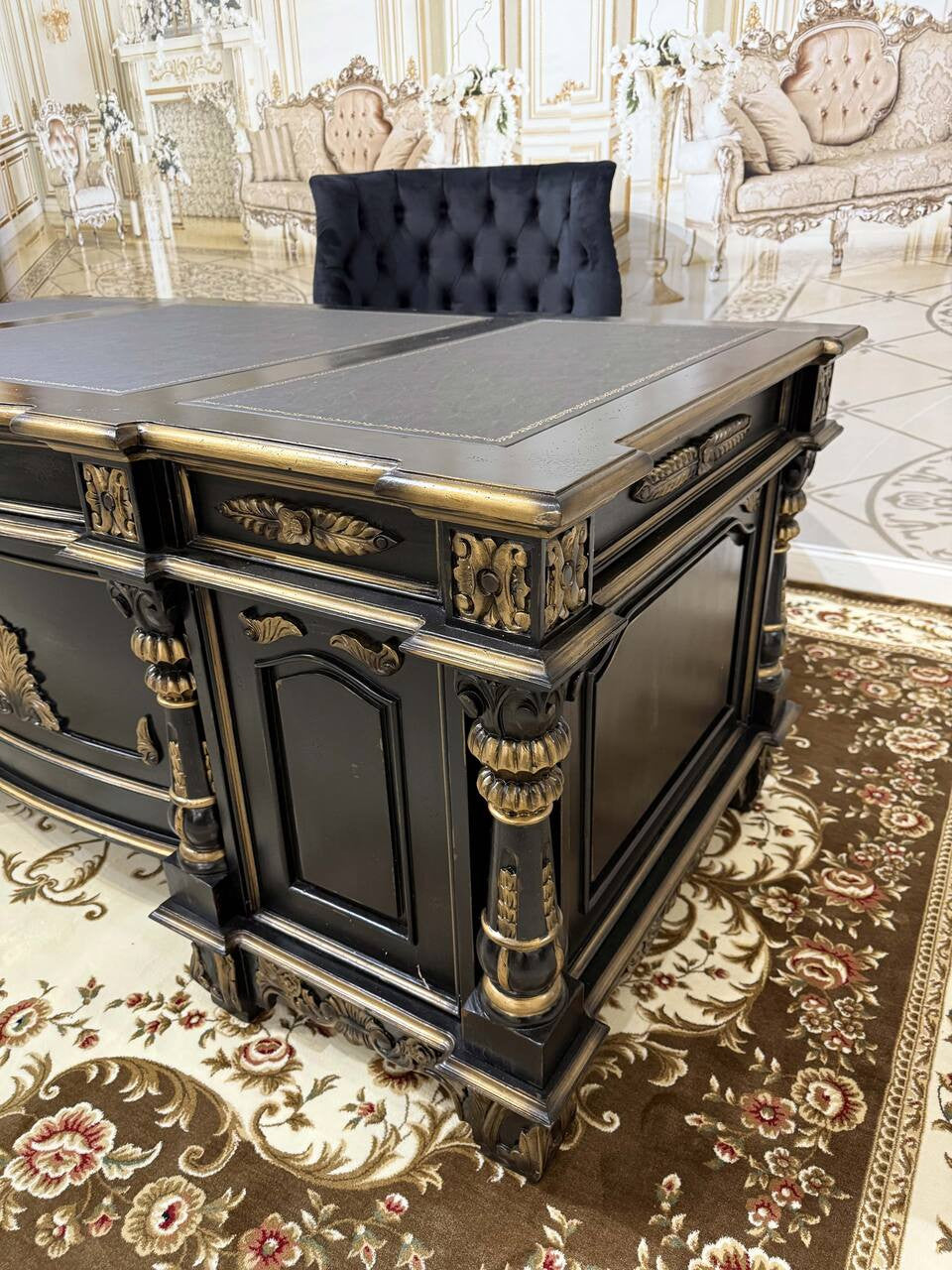 Black with Gold Accents Mahogany Executive Desk