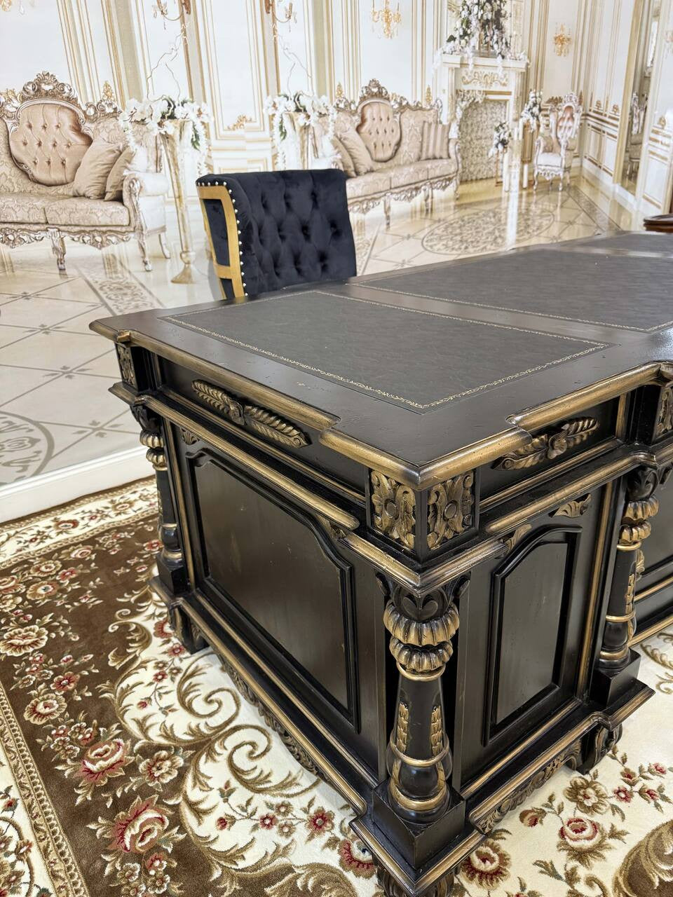 Black with Gold Accents Mahogany Executive Desk