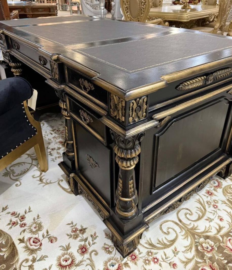 Black with Gold Accents Mahogany Executive Desk