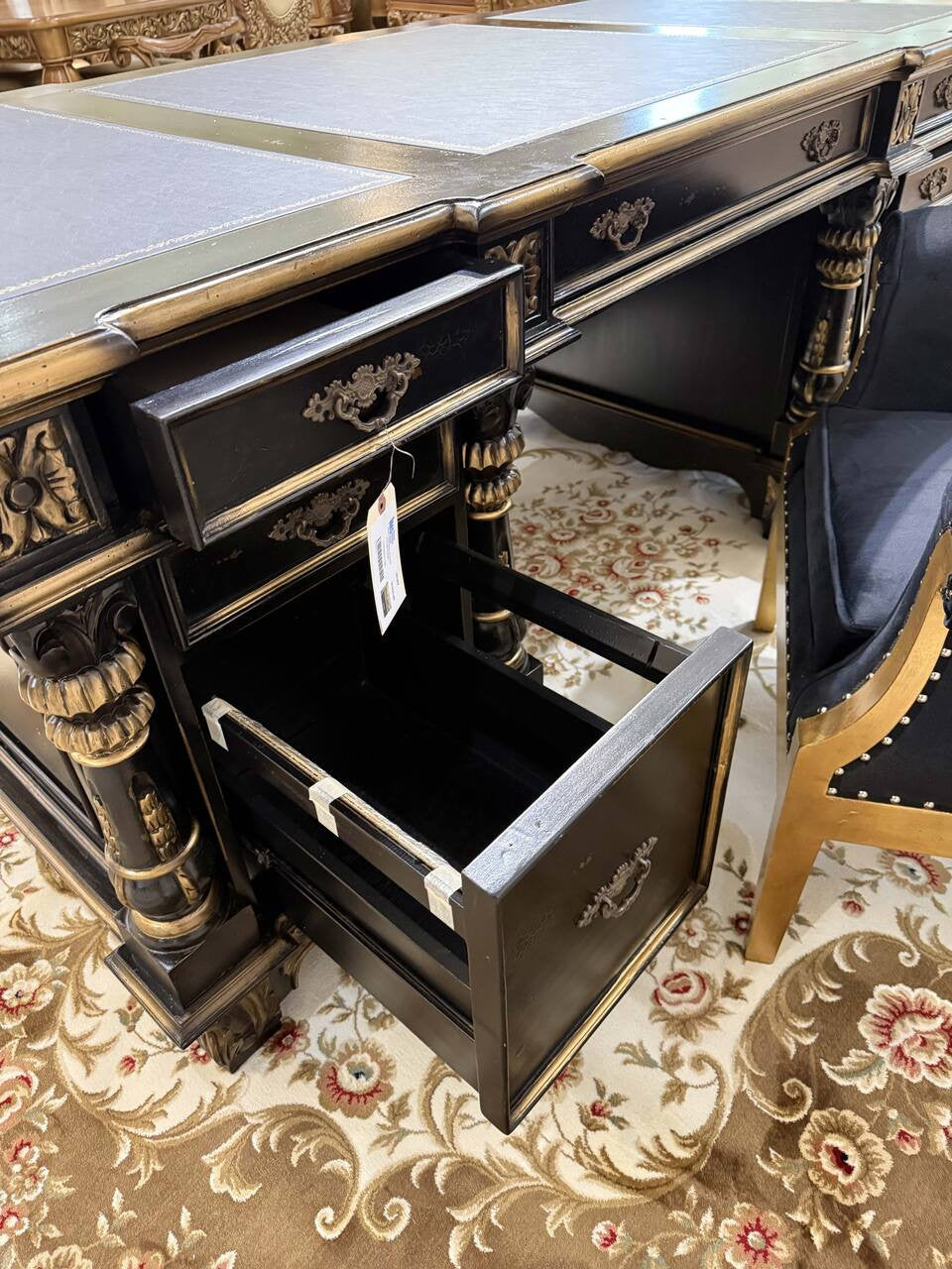 Black with Gold Accents Mahogany Executive Desk