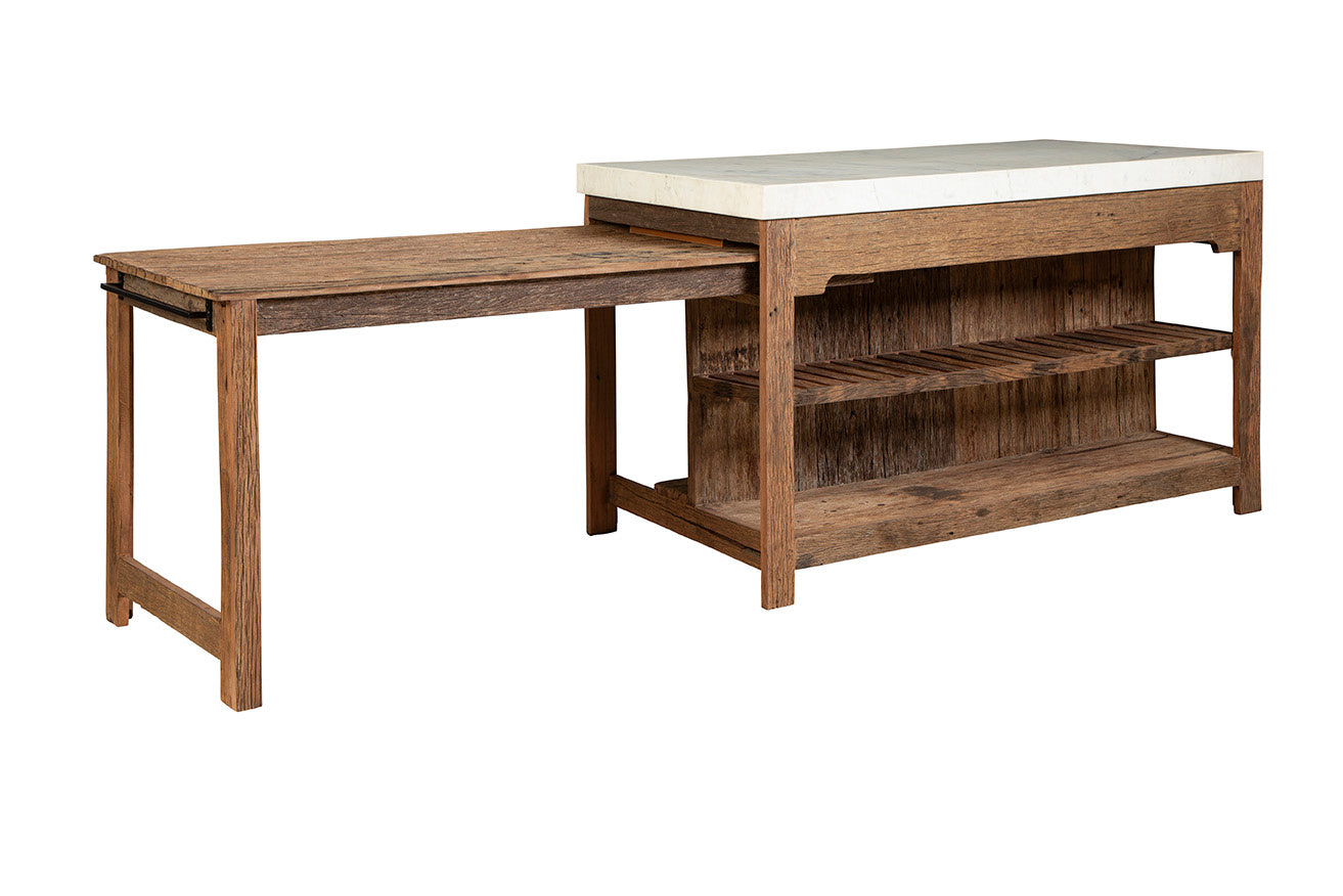 Rustic Marble Island with pull out Table Reclaimed Wood