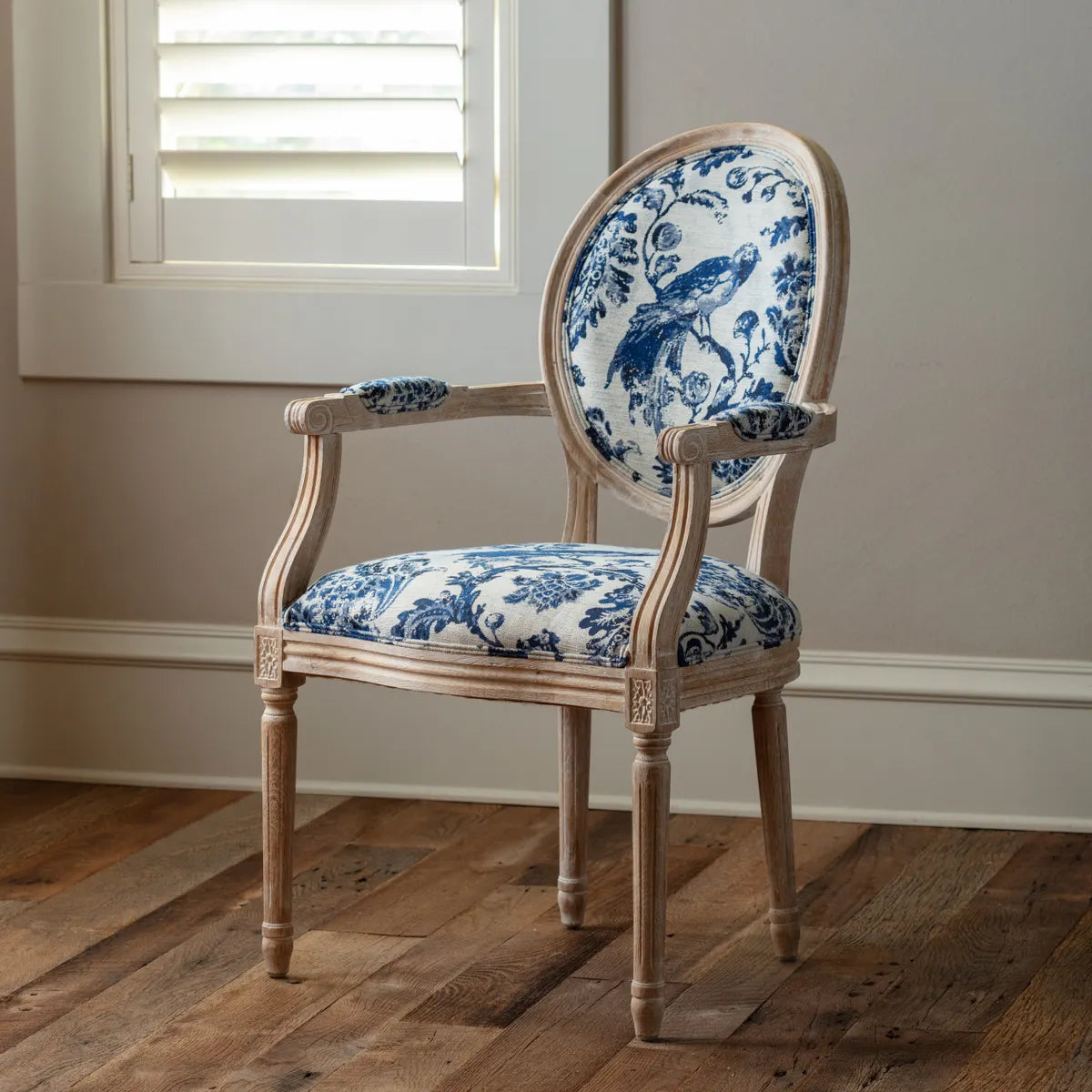 BLUE FOWL & FRUIT JACQUARD ARM DINING CHAIR Set of 2 French