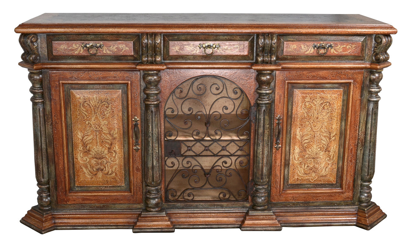 Peruvian Iron Scroll Buffet Hand Painted Rustic Iron Sideboard Buffet