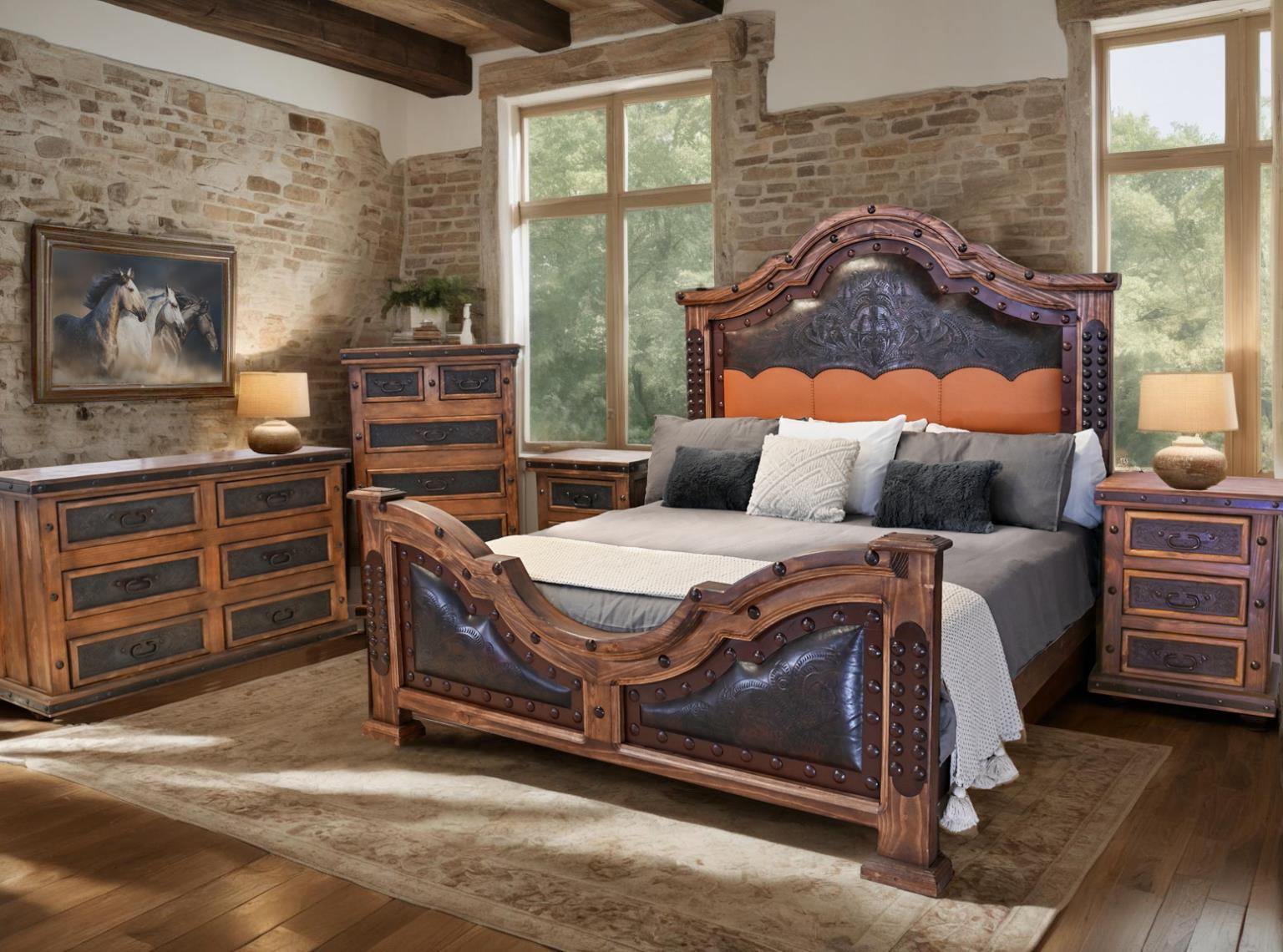 Silverton Tooled King Bed Leather & Iron