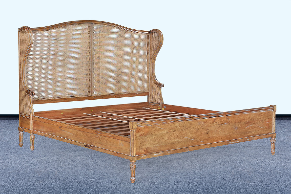 King Winged Woven Cane Headboard Footboard Bed Rustic Beachwood