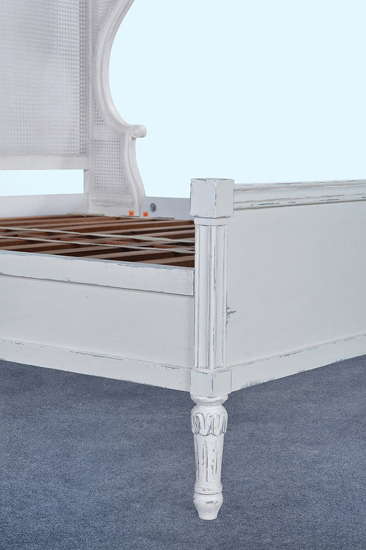 King Winged Woven Cane Headboard Footboard Bed Off White