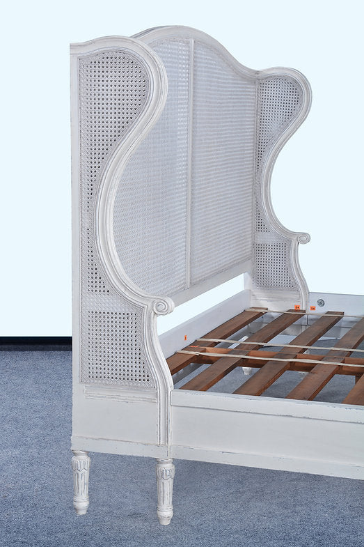 King Winged Woven Cane Headboard Footboard Bed Off White