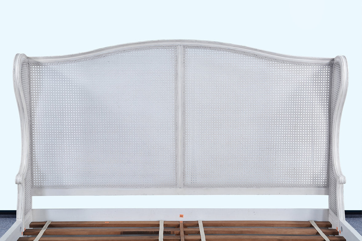 King Winged Woven Cane Headboard Footboard Bed Off White