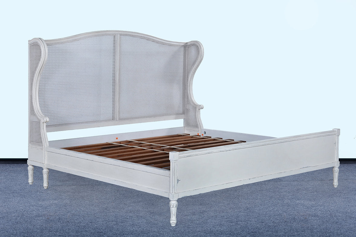 King Winged Woven Cane Headboard Footboard Bed Off White