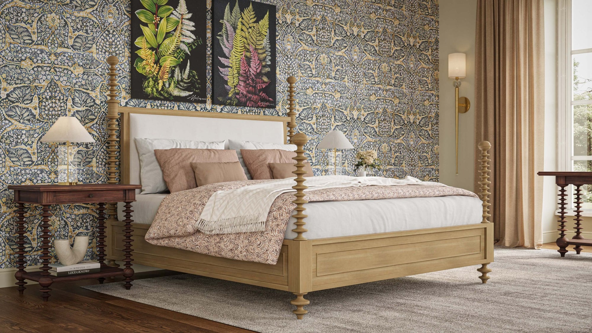 Bramble Milano Upholstered King Bed In Fruitwood w/ Arctic White Performance Fabric