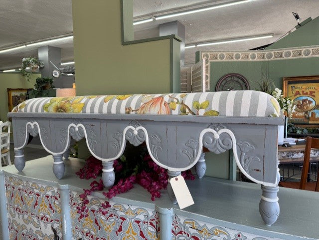 Steven Shell Upholstered Venetian Bench Grey Mist Distressed
