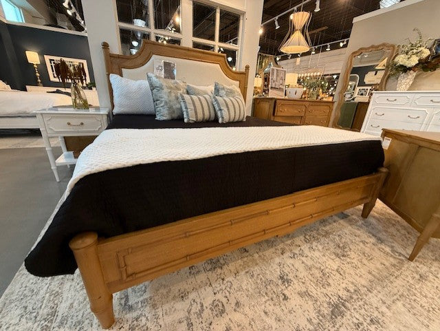 Bramble Chelsea Upholstered Bed King in Antique French Oak w/ Dinara Natural Fabric