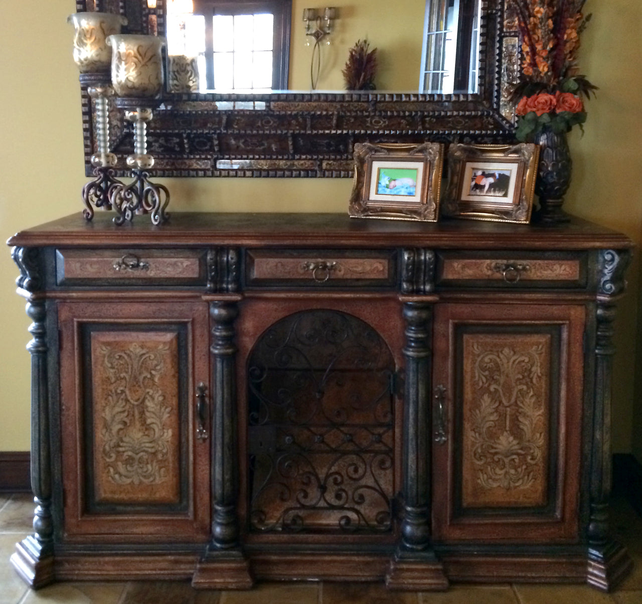 Mediterranean Hand Painted Rustic Iron Sideboard Buffet - Furniture on Main