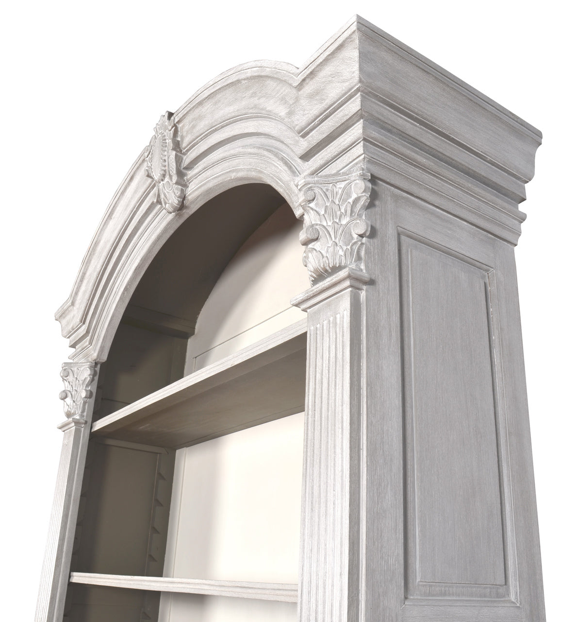 Arched Elegant Bookcase Misty Grey Finish - Furniture on Main