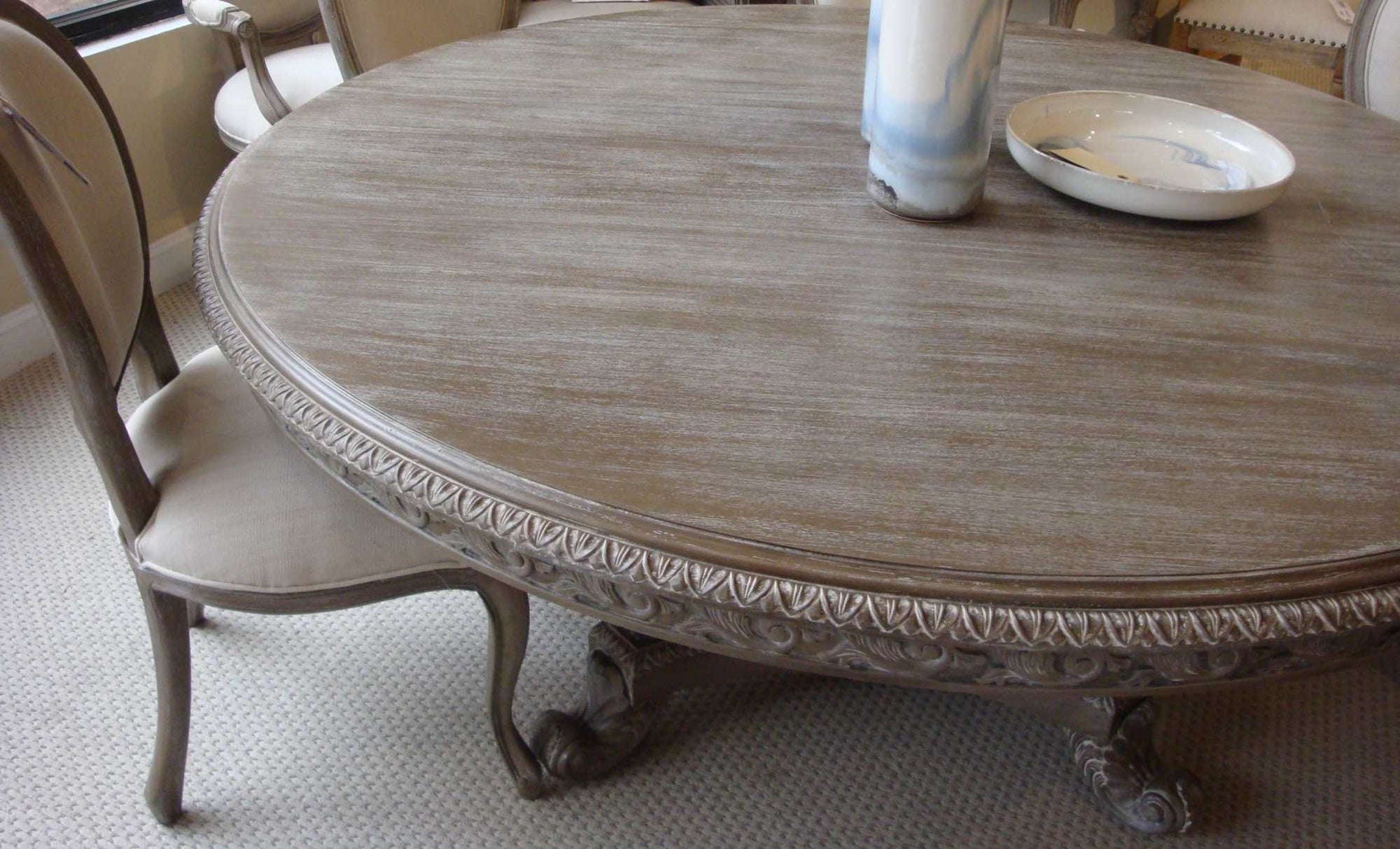 Angelia Majestic Hand Carved Parchment Pedestal 72" Dining Table - Furniture on Main
