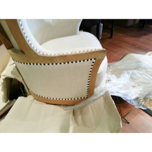 French Upholstered Accent Armchair, Linen-Wood Accented Back - Furniture on Main