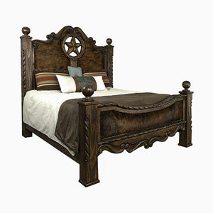 Western Hand carved Rope & Star King Bed with Hair on Hide - Furniture on Main