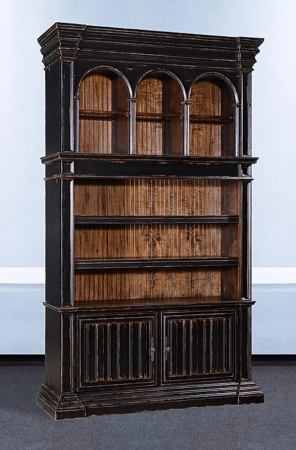 Old World Aged Black Distressed Cathedral Bookcase - Furniture on Main
