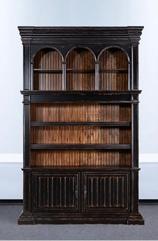 Old World Aged Black Distressed Cathedral Bookcase - Furniture on Main