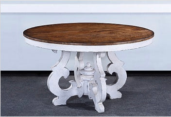 Scroll Round Dining Table Pecan Top White Base 54" or 60" - Furniture on Main