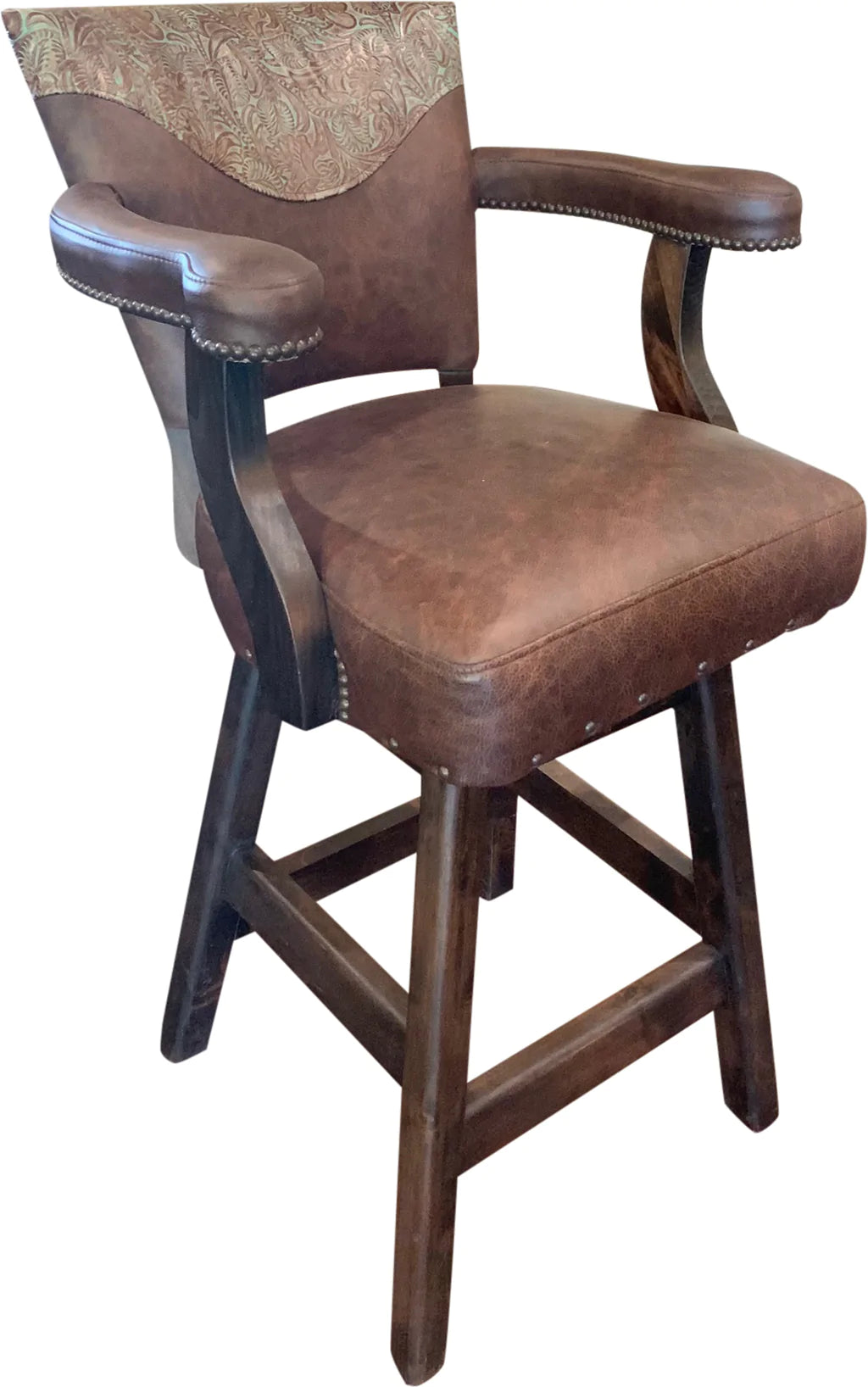 Davenport Ranch Western Leather Barstool Floral Turquoise Brown Counter Height