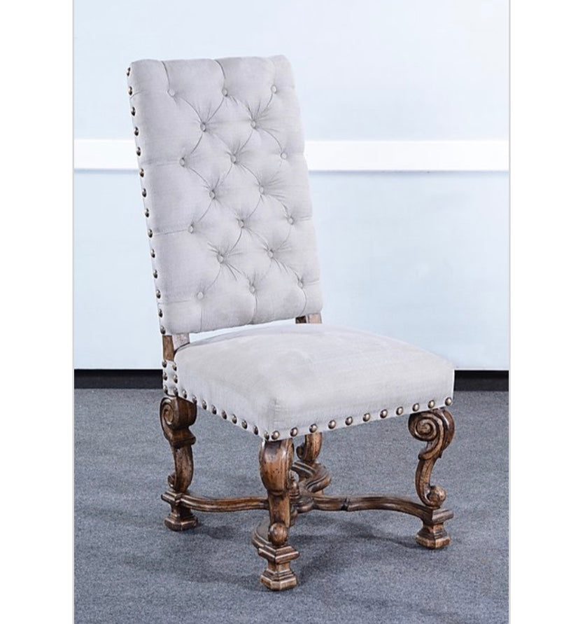 Olde World Button Tufted Ornate Side Chair Set of 2 Grey Linen - Furniture on Main