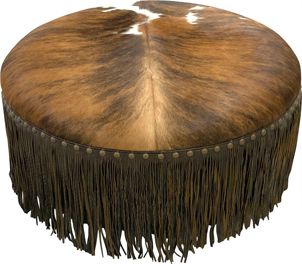 36" Round Fringed Cowhide Ottoman