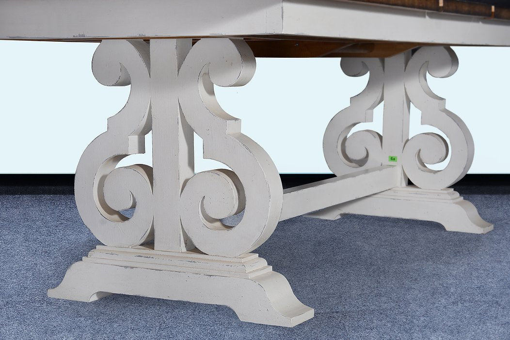 French Scroll Base 84" Dining Table Butterfly Leaf Antique White - Furniture on Main