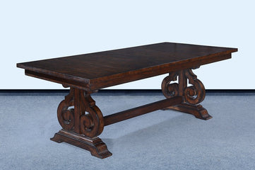 French Scroll Base 84" Dining Table Butterfly Leaf Dark Rustic Pecan - Furniture on Main