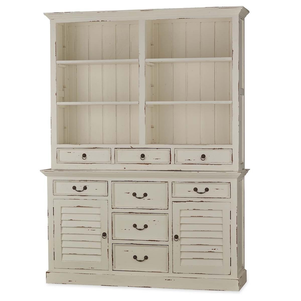 Distressed Cottage Farmhouse Open Kitchen Display Cabinet White - Furniture on Main