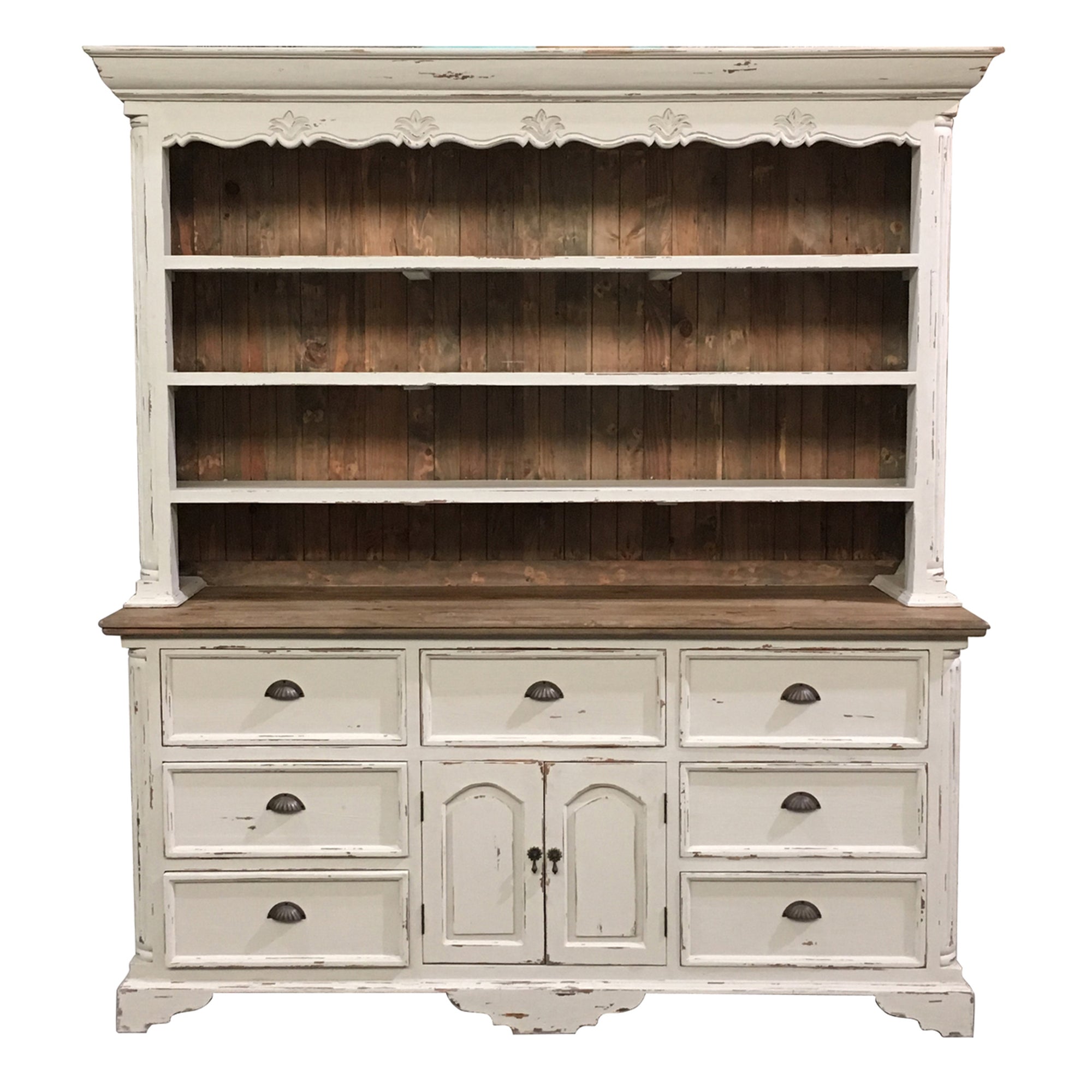 Farmhouse Buffet and Hutch White Distressed with Natural Accents - Furniture on Main
