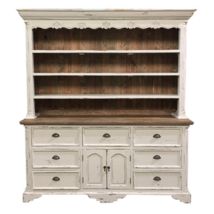Farmhouse Buffet and Hutch White Distressed with Natural Accents - Furniture on Main