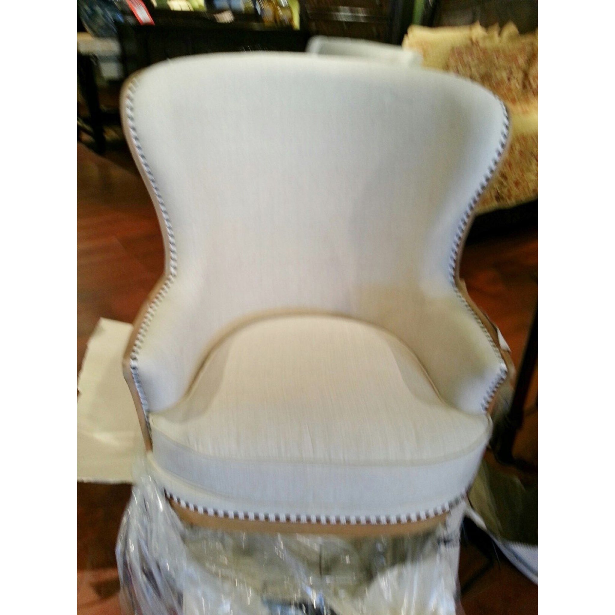 French Upholstered Accent Armchair, Linen-Wood Accented Back - Furniture on Main