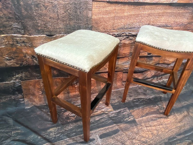Set of 2 Off White Hair on Hide Cowhide Saddle Stool Counter Height - Furniture on Main