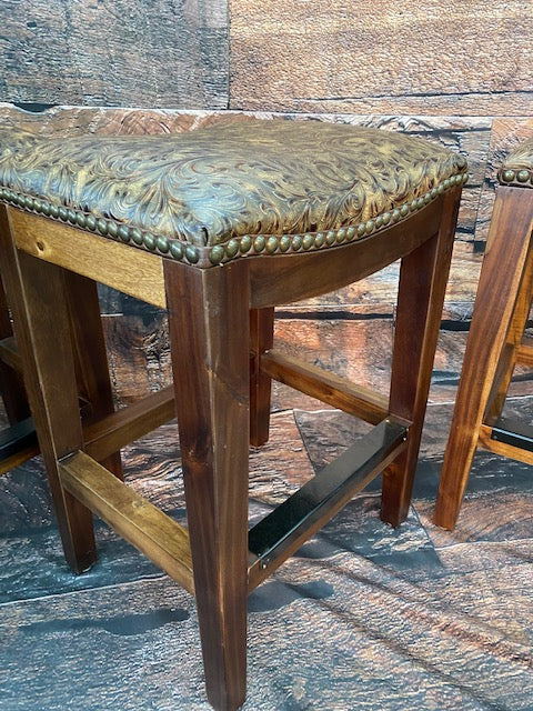 Set of 2 Tooled Leather Bar Height Saddle Stool - Furniture on Main